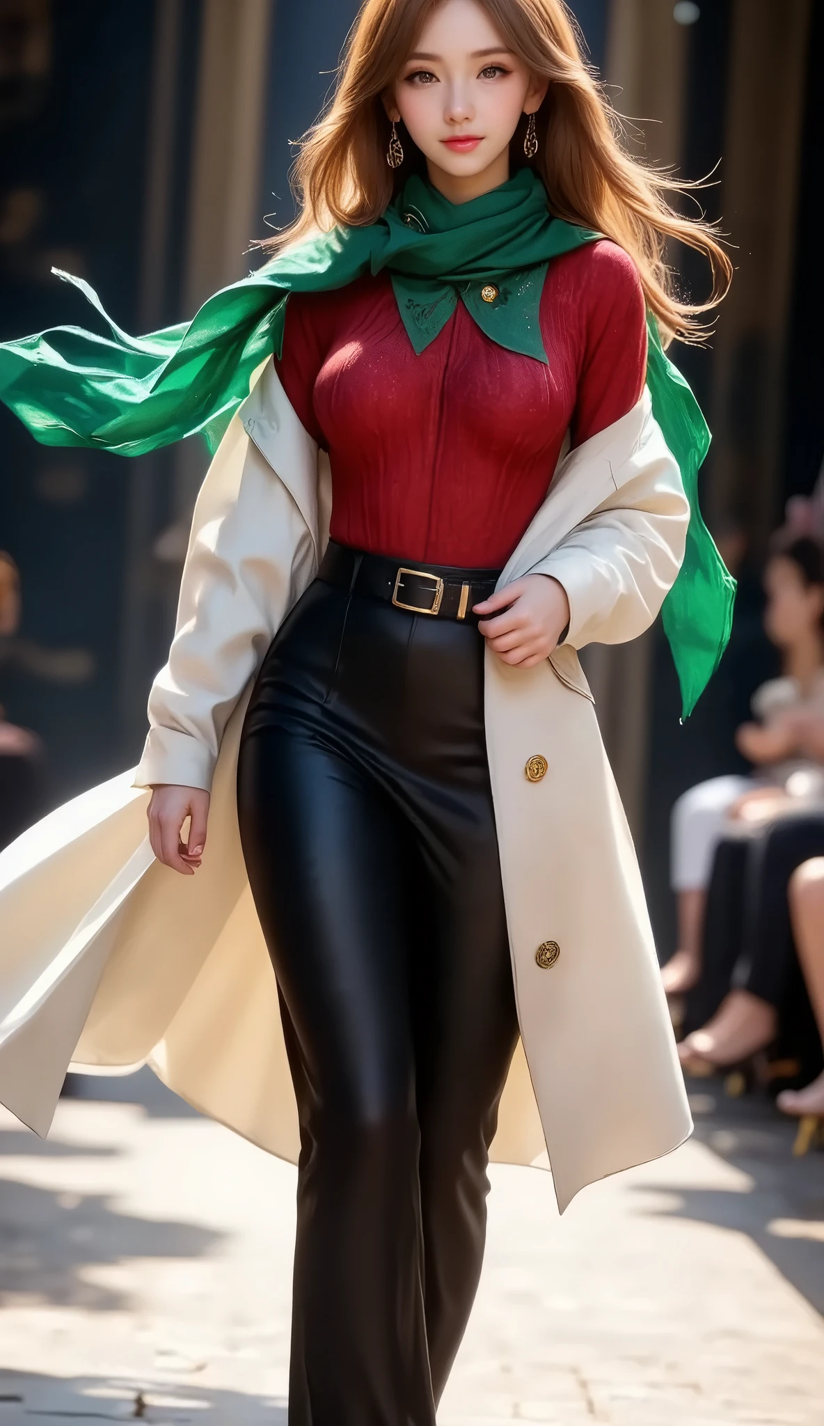  (ultra detailed, absolutely resolution, best quality:1.3),, delicate and dynamic, shading effects, hyper realistic, artistic photography,, (portrait photography, full body shot:1.8), (side view:1.7), a long blond haired woman, (walking down the runway at a fashion show:1.2), (wearing a red sweater, black long skirt, white Trench Coat, and long green Scarf:1.7), wind brows her coat and scarf, Inspired by Magali Villeneuve, fantasy art portrait  , fantasy portrait  art, detailed matte fantasy portrait , Alice x. open, fantasy portrait , epic fantasy art portrait  , beautiful fantasy art portrait  , Magali Villeneuve,  Graphic Artist Magali Villeneuve, Fantasy genre portrait ,  epic fantasy digital art style 