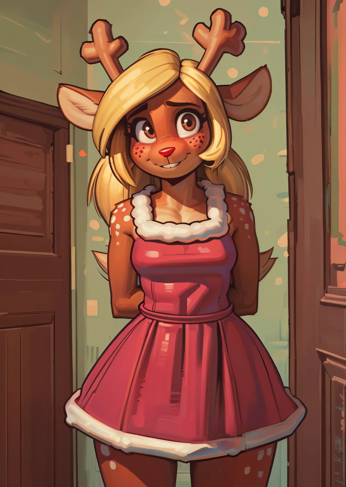 ((noelleholiday)), ((Deltarune)), ((pixelsketcher)), ((wamudraws)), ((masterpiece)), ((high resolution)), ((solo portrait)), ((cartoon style)), {(attractive figure), (body freckles), (thick thighs), (thigh gap), (white spots), (brown fur), (red nose), (brown eyebrows), (cute brown eyes), (short eyelashes), (small deer antlers), (long blonde hair), (short fluffy tail), (blushing), (embarrassed smile)}, {(christmas outfit), (green shoulderless dress with wool lining)}, {(hands behind back), (looking at viewer)} ((bedroom))