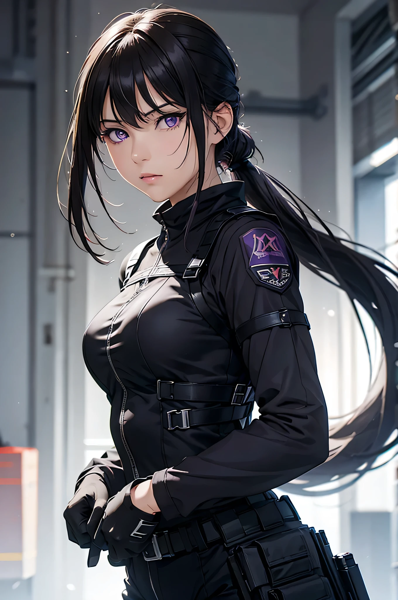 8k resolution,(( top quality )), super high res,Adult female, Alone,  sexy, ( with a bleak expression), ( purple eyes),  beautiful symmetrical face , (Black long ponytail),Black combat vest,assassin's catsuit, suit pants, realistic :1.4, realistic :1.4,(  Masterpiece  :1.2), perfect eyes, perfect eyes, anatomically correct human body ,Night Battlefield,mercenary, tactical belt ,holster,gun