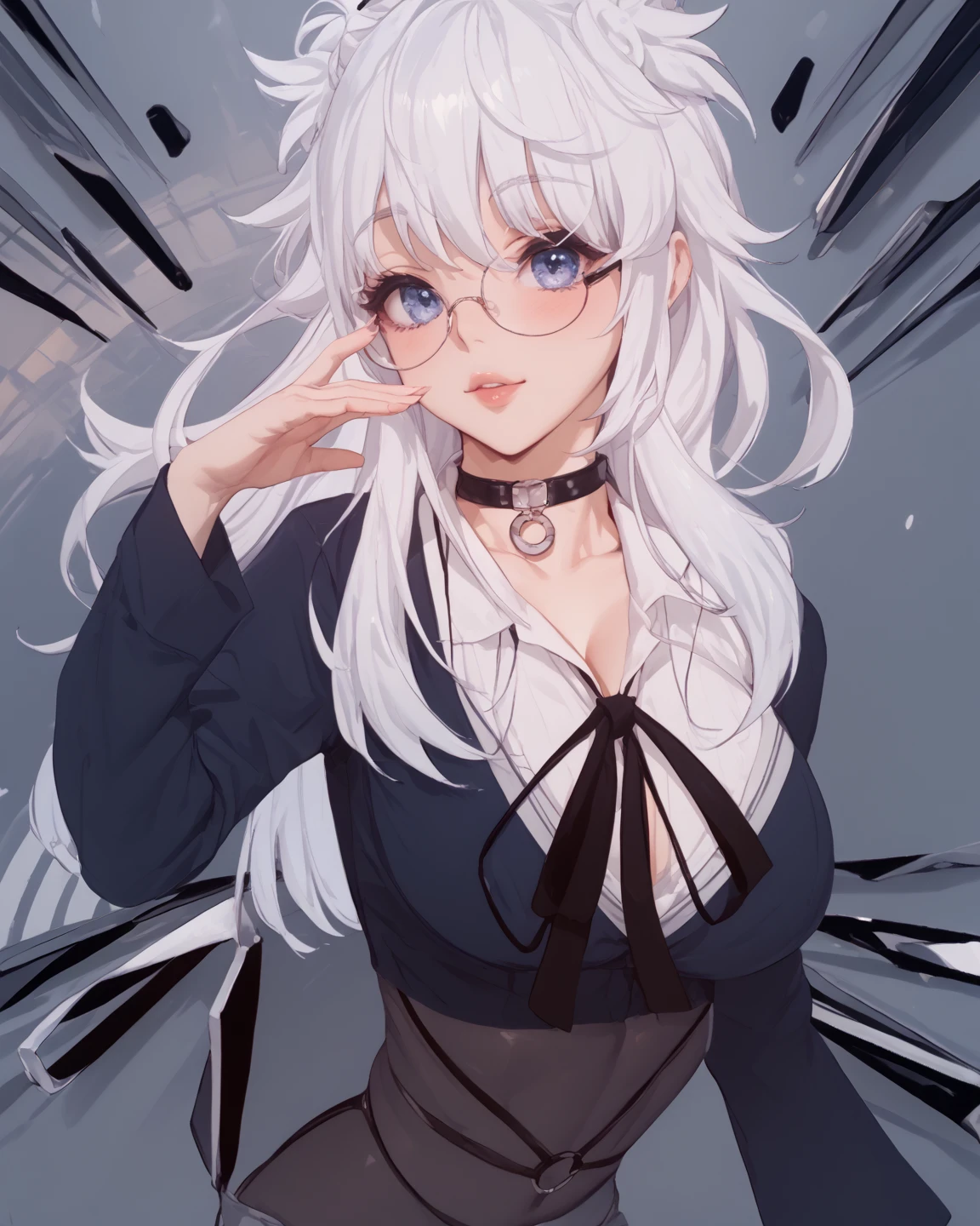Solo ((perfect hand: 1.2)), White hair, medium hair, best quality, masterpiece, ultra detailed, blunt bangs, beautiful skin, white skin, medium breasts, round sunglasses, both eyes covered, perfeccionism, earrings, cute lips, beautiful, long white shirt, black tie, overcoat, black pants, blue eyes, (ruffling hair, messy hair:1.1), sexy, beautiful lighting, dinamic angle, big quality, (upper body 1.1)