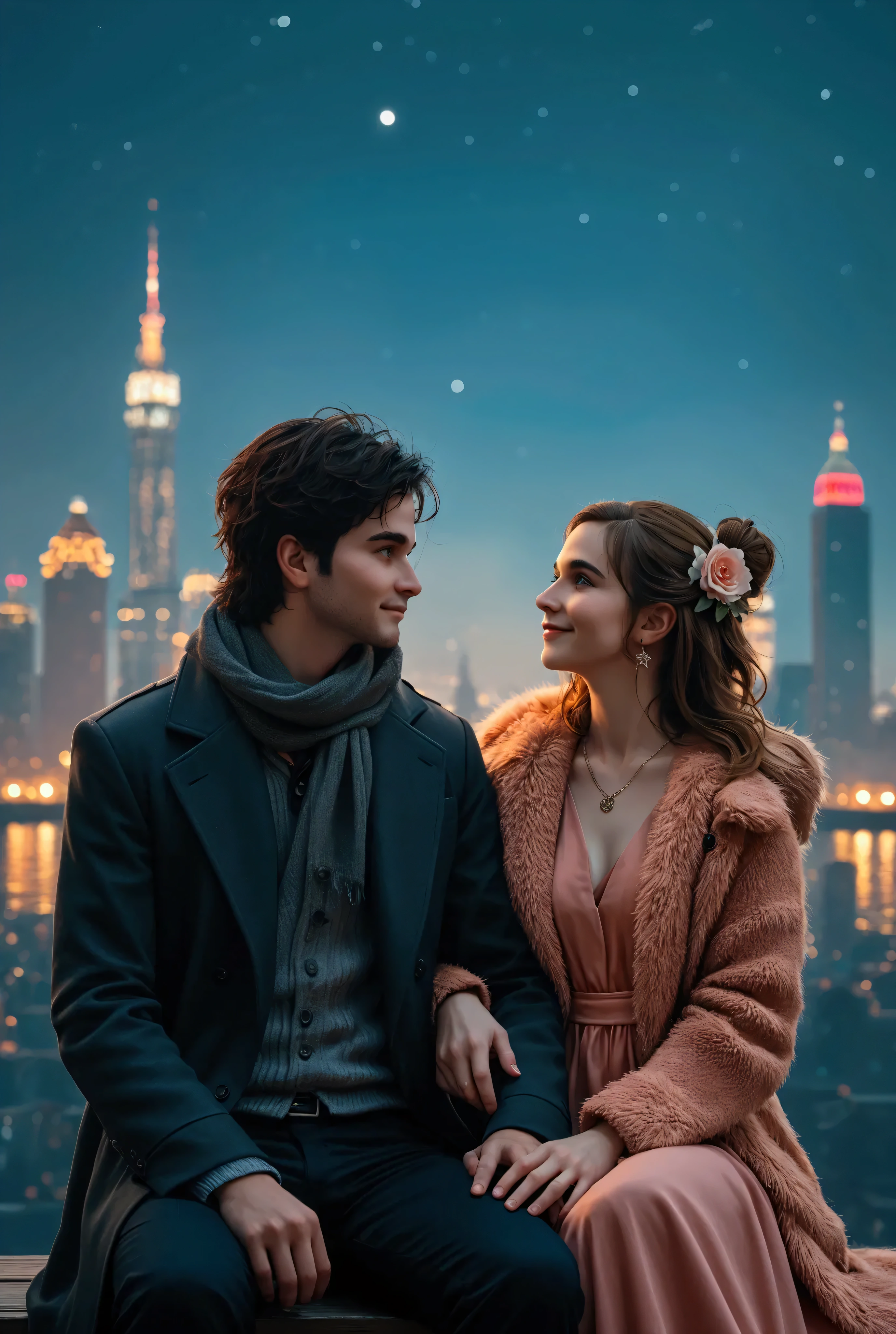 make a movie poster of a film. The poster features Zayn Malik and Emma Watson sitting on a bench. In the background is the city with big skyscraper. ((The both are looking at each other with a happy expression on their faces)). The guy very handsome and young like 20 year old and sit on the left side of the image. (wavy hairstyle, no beard). wearing a dark gray coat and a light gray sweater and black pants, a long scarf. He has green eyes and dark black hair and is looking down at the girl with a smile on his face. The girl very pretty and young like 18 year old, ( messy hair, bun hairstyle, peach flower on her hair. She is wearing a peach furry coat on a peach gown and has blue eyes and long light brown hair, wearing a necklace and earrings. don't write anything. ((The guy is Russian and the woman is British)). (perfect hands, five fingers). The background is dark blue with a starry night sky. ((The picture is close-up face shot)) The image is from front angle. photography,dynamic lighting,art station, volume lighting,highly detailed face,shadowy,be familiar with,realistic, be familiar with, skin texture, hyper be familiar with, realistic skin texture, armature, highest quality, 超High resolution, (photo Realistic:1.4.