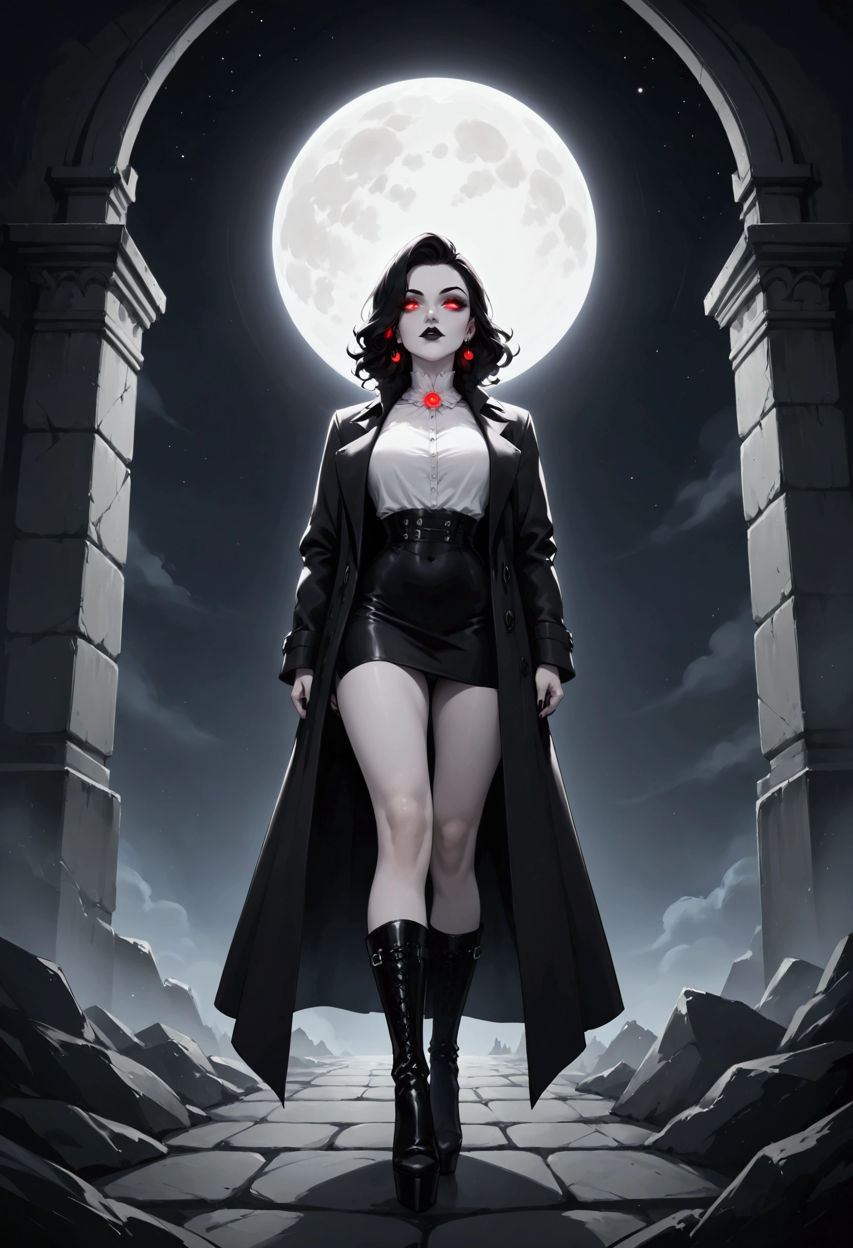 score_9, score_8_up, score_7_up, score_6_up, score_5_up, score_4_up, black and white facial illustration, 19th century style, of a female vampire in the night, exquisite beautiful female vampire, best detailed face, red glowing eyes, full body, wearing white bottom shirt, short skirt, wearing high heeled boots, wearing black trench coat, flowing trench coat, it is night time, moon light. moon rays, goth castle, background,