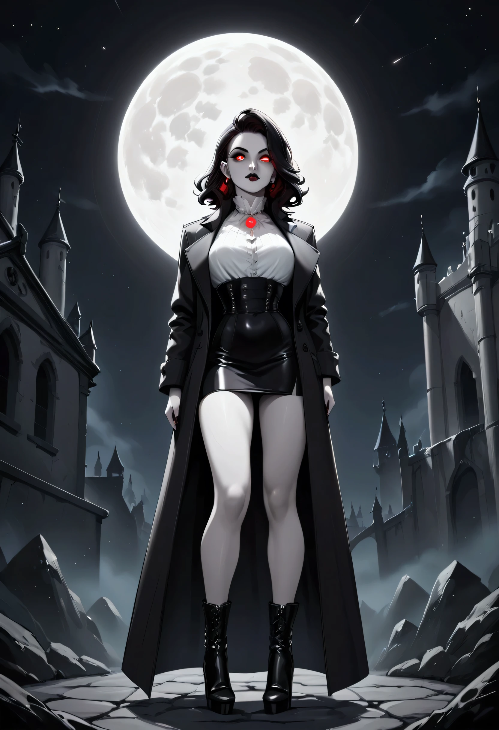 score_9, score_8_up, score_7_up, score_6_up, score_5_up, score_4_up, black and white facial illustration, 19th century style, of a female vampire in the night, exquisite beautiful female vampire, best detailed face, red glowing eyes, full body, wearing white bottom shirt, short skirt, wearing high heeled boots, wearing black trench coat, flowing trench coat, it is night time, moon light. moon rays, goth castle, background,