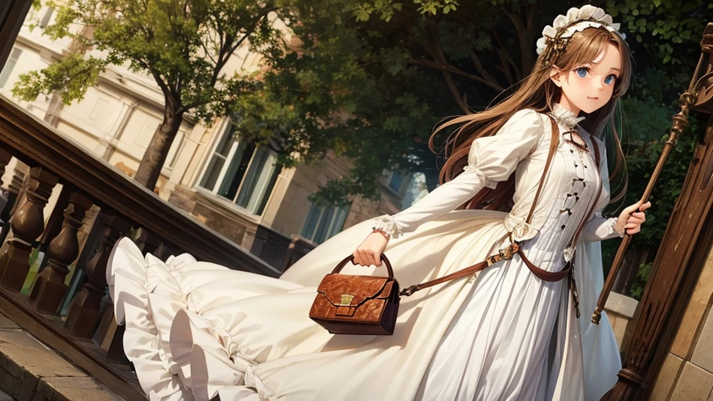     wearing a long dress and carrying a handbag, Victorian style costume,    Victorian Long Dress , victorian dress,  Rococo Long Dress   , Historical Baroque Dresses,   Victorian Fashion   ,   I have a young girl wearing 1800's clothes    ,   Victorian Fashion   ,  I have a young girl I have a young girl wearing 1800's clothes    ,   Cotton underwear is visible   ,   watching viewers 、Bloomers  , Feeling Face,、    low angle