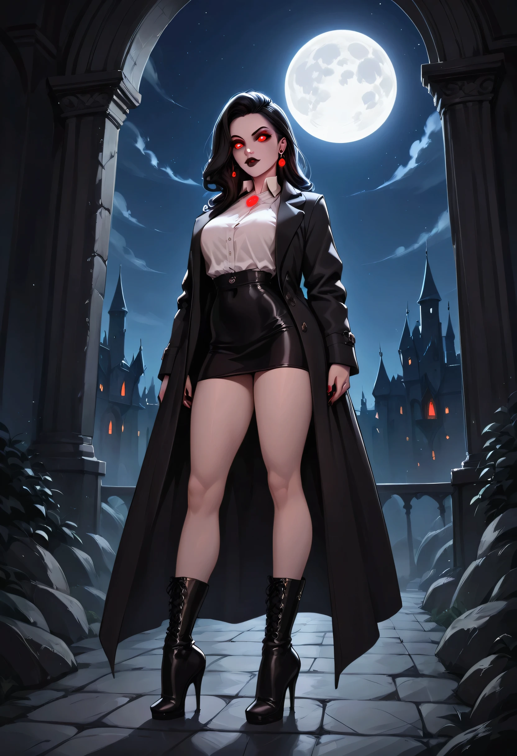 score_9, score_8_up, score_7_up, score_6_up, score_5_up, score_4_up, black and white facial illustration, 19th century style, of a female vampire in the night, exquisite beautiful female vampire, best detailed face, red glowing eyes, full body, wearing white bottom shirt, short skirt, wearing high heeled boots, wearing black trench coat, flowing trench coat, it is night time, moon light. moon rays, goth castle, background,