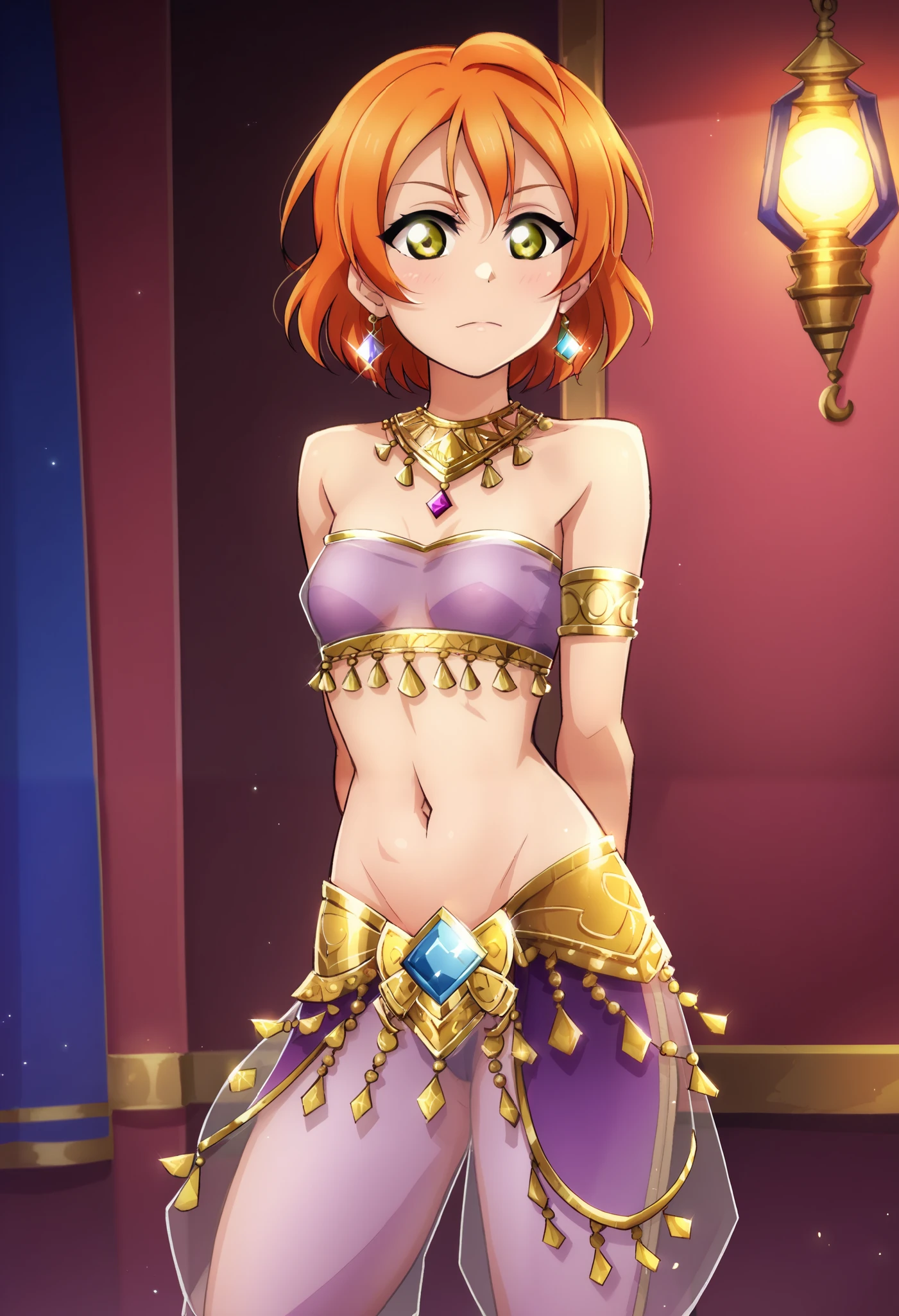 Masterpiece, front view, solo, beautiful ,Rin Hoshizora Love Live, short orange hair, yellow eyes , purple see-through harem pants,dancer, Arabian ornaments, jewellery, tube top ,small breasts, room lighted only by lantern , standing, arms behind back , closed mouth ,dbp