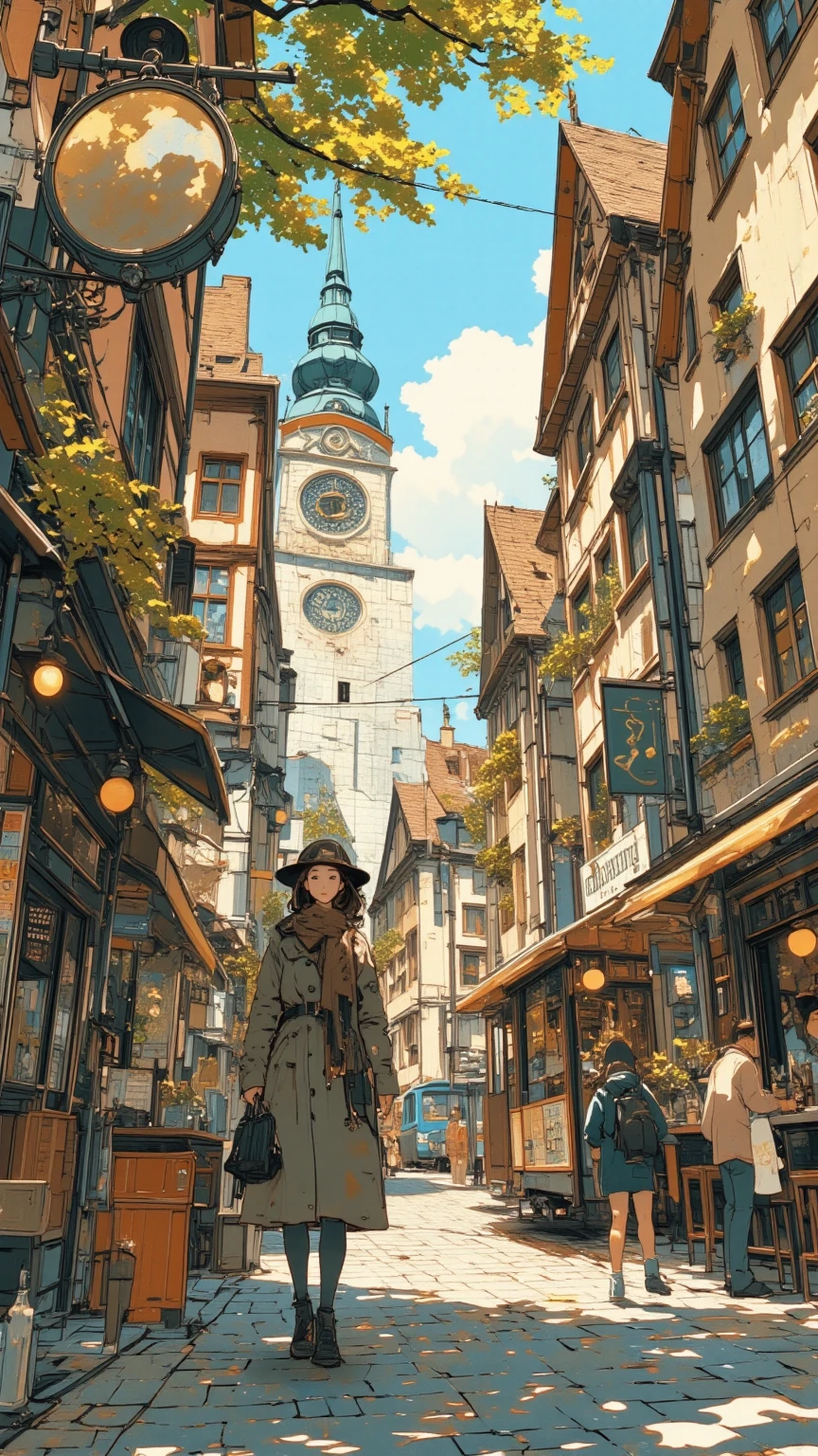 Close up of a woman walking through the streets of Strasbourg, the ancient capital of France, full color illustration , Picture of a woman walking through the city , Woman wearing a trench coat and scarf , conceptual art on a black cloth, Cafe in front of drama school ,With the passing streetcar in the background, A woman playing the violin ,Empty bottle,Rory Greasley, Most beautiful view  ,  Big Perspective,   just a joke  , visually stunning scene,  great background , sunlight filtering through the trees,Early Afternoon