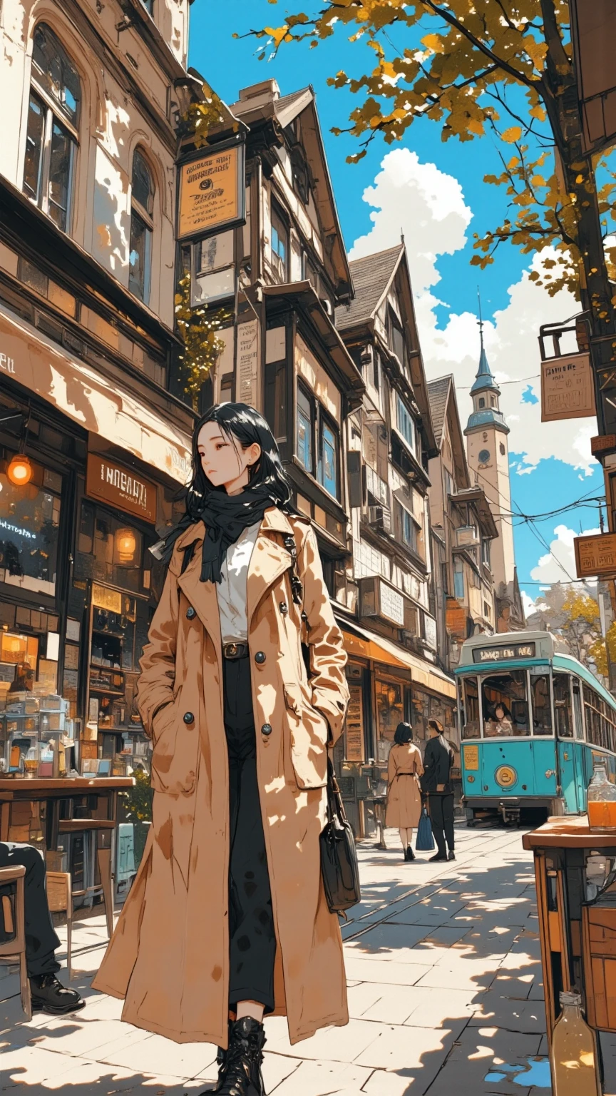 Close up of a woman walking through the streets of Strasbourg, the ancient capital of France, full color illustration , Picture of a woman walking through the city , Woman wearing a trench coat and scarf , conceptual art on a black cloth, Cafe in front of drama school ,With the passing streetcar in the background, A woman playing the violin ,Empty bottle,Rory Greasley, Most beautiful view  ,  Big Perspective,   just a joke  , visually stunning scene,  great background , sunlight filtering through the trees,Early Afternoon