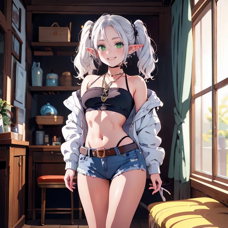 Realistic and detailed image of a small elf. Long silky loose hair, silver hair, pink eyes, long eyelashes. V-neck sweater. Denim minishorts. Stockings to mid thighs. Small breasts, thin waist, wide hips and thick thighs. smiling. Arched back. Sitting on a sofa. Winter. Snowy day. Volumetric light. Ambient light.