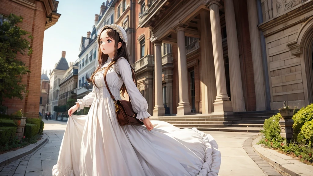     wearing a long dress and carrying a handbag, Victorian style costume,    Victorian Long Dress , victorian dress,  Rococo Long Dress   , Historical Baroque Dresses,   Victorian Fashion   ,   I have a young girl wearing 1800's clothes    ,   Victorian Fashion   ,  I have a young girl I have a young girl wearing 1800's clothes    ,   Cotton underwear is visible   ,   watching viewers 、Bloomers  , Feeling Face,、    low angle