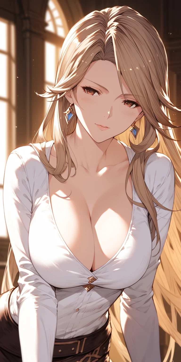 Masterpiece, mature female, katalina (granblue fantasy), upper body, elegant female, long sleeve shirt, cleavage, home, dynamic lighting, ultra detailed, highres, absurdres, top rated on pixiv