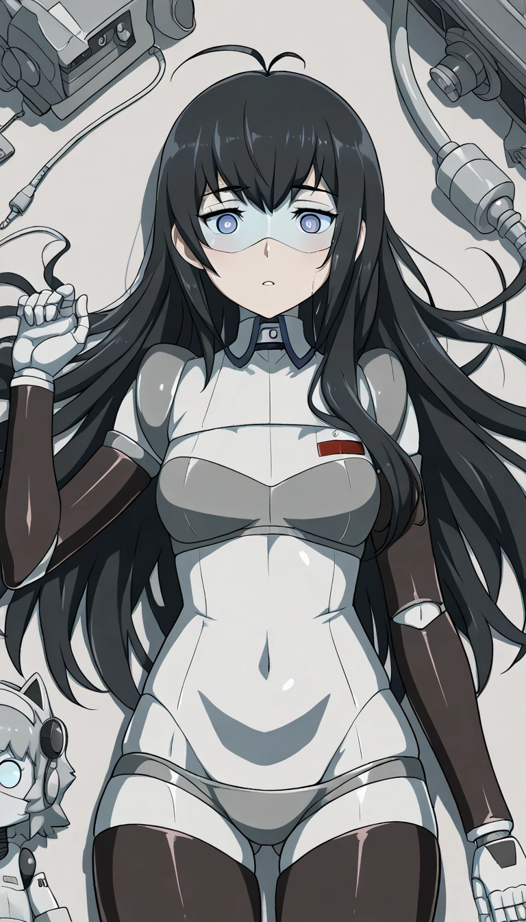 masterpiece, best quality, extremely detailed, (8K, 4K, Best Quality, hight resolution, 超A high resolution:1.1), ,8k portrait, Japaese android Girl,Plump , dark black leg cover,announcer,control panels,android,Droid,Mechanical Hand, Robot arms and legs, Black Robot Parts,Black long hair,Mechanical body,Blunt bangs,perfect mechanical abdomen,White robotics parts,perfect robot woman,future laboratory,cyber pank,charging spot,laboratory,long tube,thick cable connected her neck,white ceramic body ,perfect mechanical body, white robot body,lod antenna,mechanical ear cover,android,robot humanoid,black sponge joints,The removable cover is in the groin,The connection port is in the groin,opened chest panel,access panel on the chest,opened breast panel,perfect mechanical breast,perfect black machine body,perfect black android body,She has repaired,assembly plant,no human skin,visor,mistyrobot,makise kurisu(steins gate)),dress,empty eyes,malfunction,robot joint,doll joint,robotization,tight bodysuit,lying,operating table