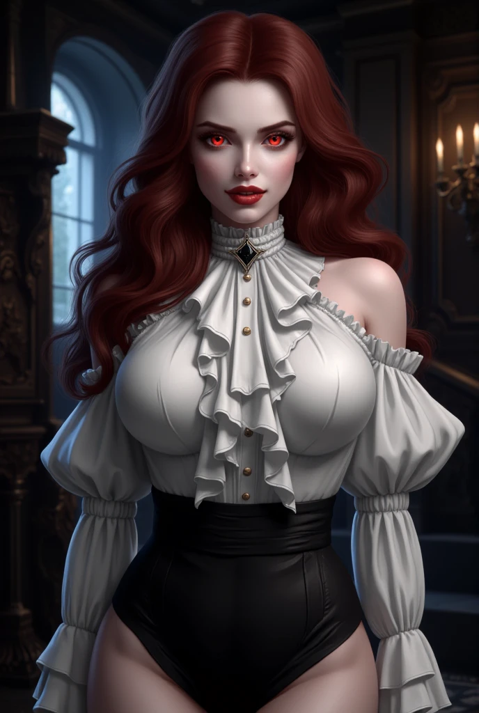 Busty topless (goth:1.1) woman, sitting on a table , (lace:1.2), slender, White open shirt, no bra, pendant, fantasy art, concept art, delicate features, feminine, auburn hair, seductive, Chiaroscuro lighting, (style of howard chandler christy:1.0), (charcoal sketch by jean-joseph benjamin-constant:1.3)
