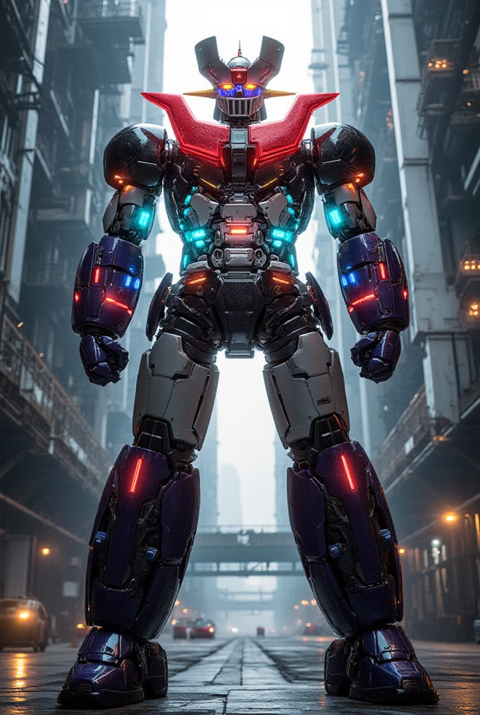 A very realistic version of the modded Mazinger Z, Standing in a forward position at a height of 100 meters .  constructed with modern materials such as steel ,  Carbon Fiber ,  other industrial elements are also visible ,  just like the real thing ,  where high voltage current flows and emits light have been carefully recreated. It is set in a modern nuclear reactor facility industrial environment ,  the appearance of Mazinger Z standing around ,  illuminated by natural light 、 huge structures highlighted with realistic shadows . LED light lighting 　Gundam