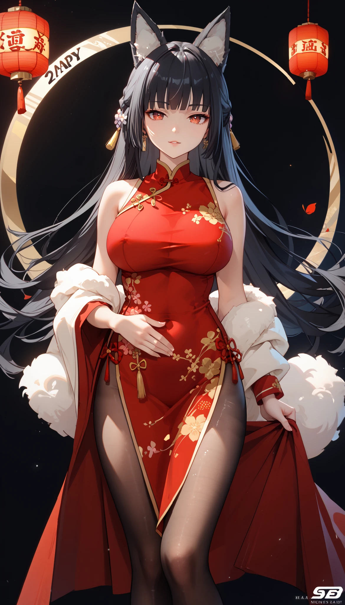 masterpiece， high-resolution ，Anime Art，Anime Numbers， 4k anime wallpaper，Soft Light， radiant skin， unique ，An anime girl，Standing，red costume cheongsam，new year， long black hair， Wolf Ears ， red eyes ，Big breasts， black pantyhose， pure black background 