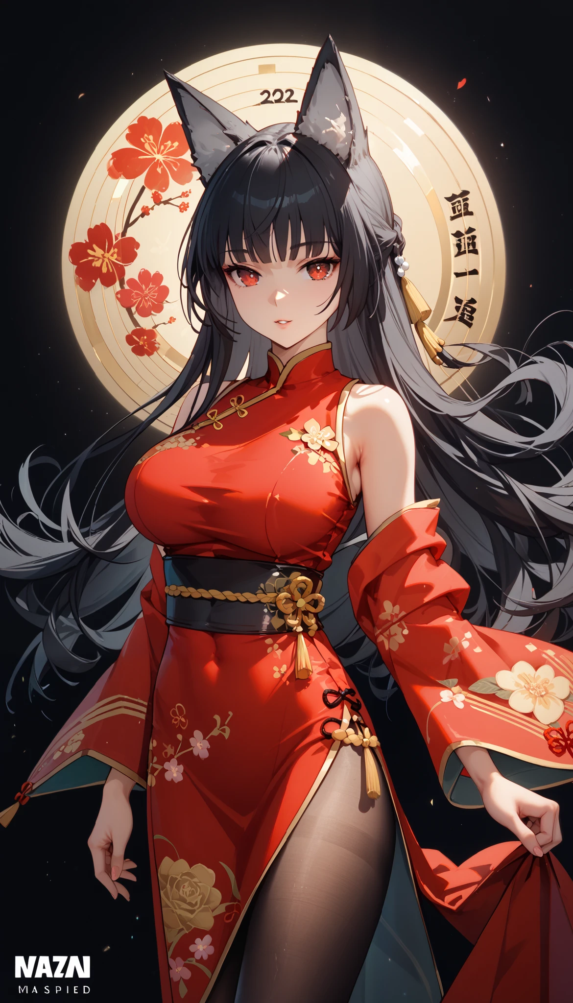 masterpiece， high-resolution ，Anime Art，Anime Numbers， 4k anime wallpaper，Soft Light， radiant skin， unique ，An anime girl，Standing，red costume cheongsam，new year， long black hair， Wolf Ears ， red eyes ，Big breasts， black pantyhose， pure black background 