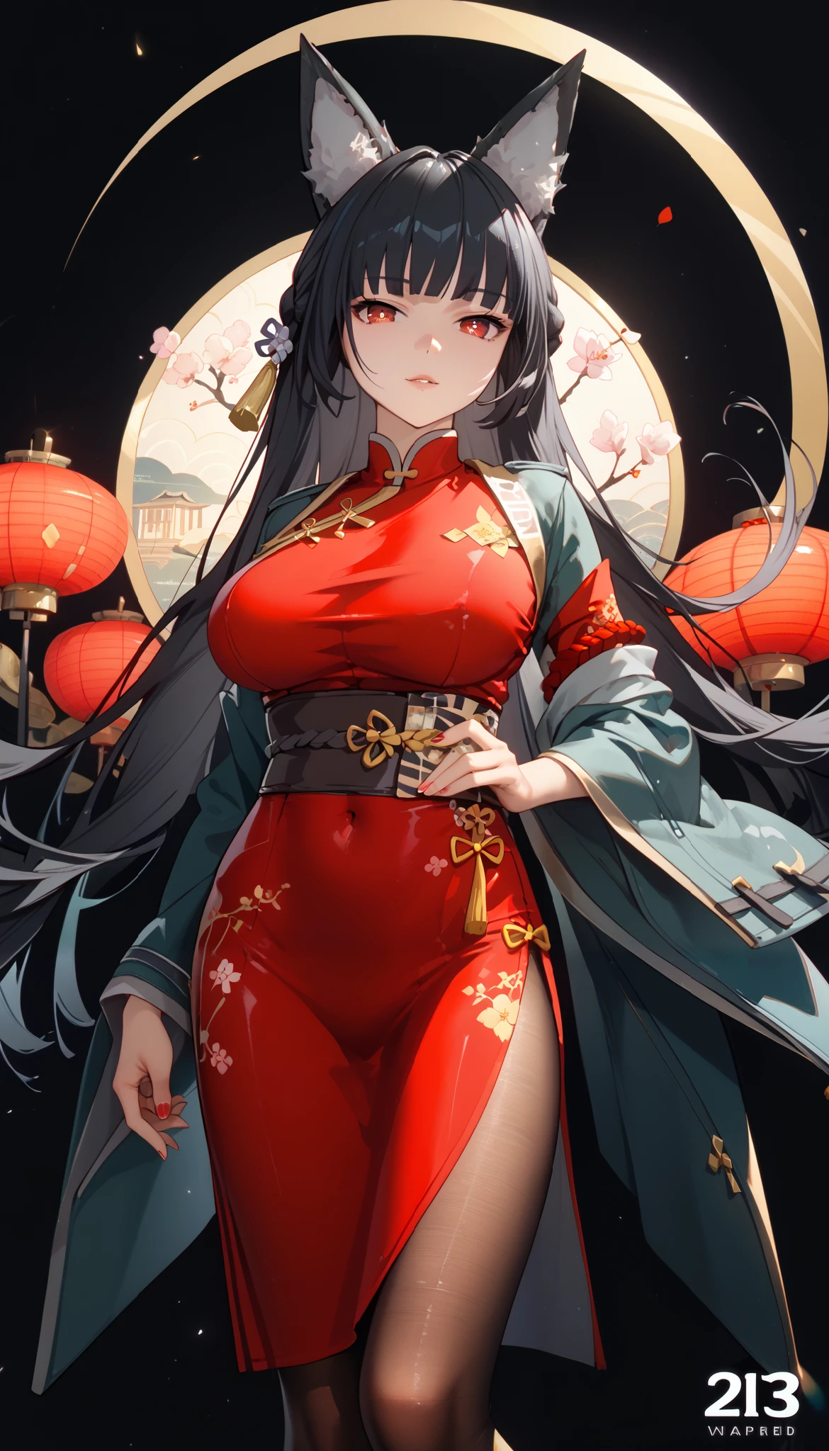 masterpiece， high-resolution ，Anime Art，Anime Numbers， 4k anime wallpaper，Soft Light， radiant skin， unique ，An anime girl，Standing， red cheongsam，new year， long black hair， Wolf Ears ， red eyes ，Big breasts， black pantyhose， black background