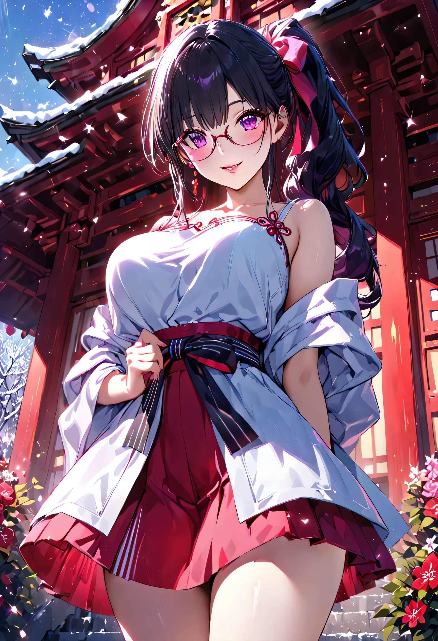 ((ultra-detailed)), (highly detailed CG illustration), (best quality:1.2), ultra-highly detailed, colorful composition, artistic photoshoot, 1girl, solo focus, ((thigh to top:1.4)), ((cowboy shot:1.4)), teenage girl, dainty facial structure, baby face, rounded chin, ((ideal ratio body proportions)), black hair color, side ponytail, light pink gloss slip, shrine maiden outfit, red skirt,high angle, wearing oval glasses with a lightweight metal frame, pink-purple eyes, sparkle eyes, expecting, pink cheek, blush, pink lips, curvy upper arm, standing by the Shrine precincts, portrait, depth of field, soft lighting, sidelighting, (shine), lighting, caustics, ray tracing, smile, perfect face, lustrous skin, highly detailed face, highly detailed eyes, perfect face, perfect nose, perfect hair, perfect eyes, perfect anatomy, beautiful hair, beautiful small face, extremely detailed face, beautiful detailed eyes, beautiful clavicle, beautiful body, beautiful huge breasts, breasts squeezed together, equalize the size of the left and right breasts, beautiful thin thighs, beautiful legs, beautiful fingers, lovely, (very detailed background:1.0), (highly detailed background:1.0), winter aesthetic, intricate details, joyful atmosphere, winter colors palette, chromatic aberration