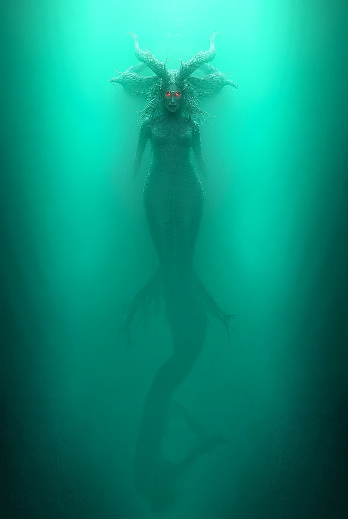 a naiad underwater, wearing a dress made of seaweed. feet in the sandy lake floor. water distorting light, refracting underwater sunbeams, volumetric light. from behind