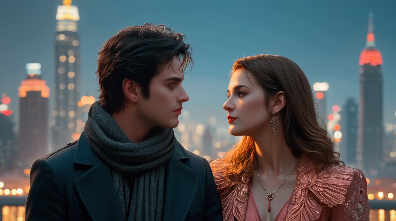 araffes a man and a woman standing in front of a city skyline, movie still 8 k, movie promotional image, anton fadeev 8 k, by mads berg, stunning digital illustration, by Alexander Kucharsky, cinematic realistic portrait, anato finnstark and alena aenami, in style of digital illustration, 8k portrait render