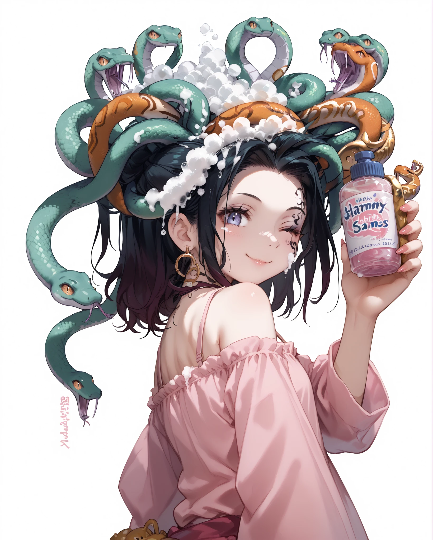 Japanese anime style illustration, kawaii,, 
snake hair,  white form on head, jewelry, cute girl smiling, wink, pastel pink camisole, head of hair all numerous snakes, from side, looking back at viewer, 
washing snake-hair with a lot of foam, spread fingers, hands on snake-hair, finger in snake-hair, (rich lather, Lots of shampoo foam, snakes covered in foam, snakes with pained face) ,close-up, simple Background,