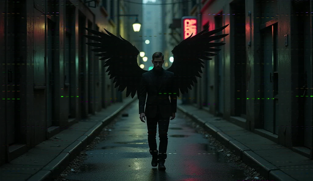 A black shadow of a handsome white man with closed wings, positioned far away at the very end of the street. The scene is at night, realistic, and photographic, featuring an empty, dirty New York City walkway. The atmosphere is dark and gritty, with a side alley and faint neon lights illuminating the scene