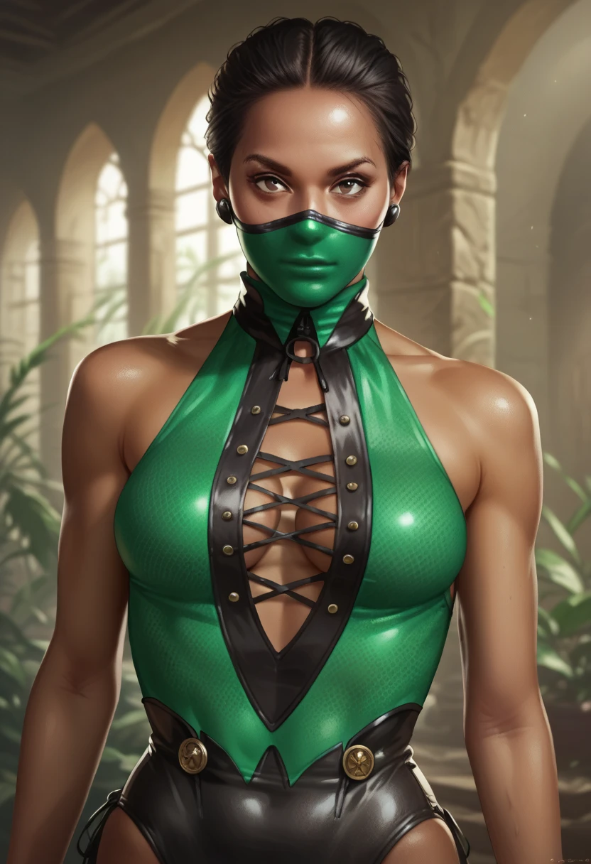 score_9, score_8_up, score_7_up, score_6_up, source_realistic, BREAK 1girl, Klassicjade, very dark skin, dark skinned female, black hair, black eyes, mask, green leotard, center opening, laces,