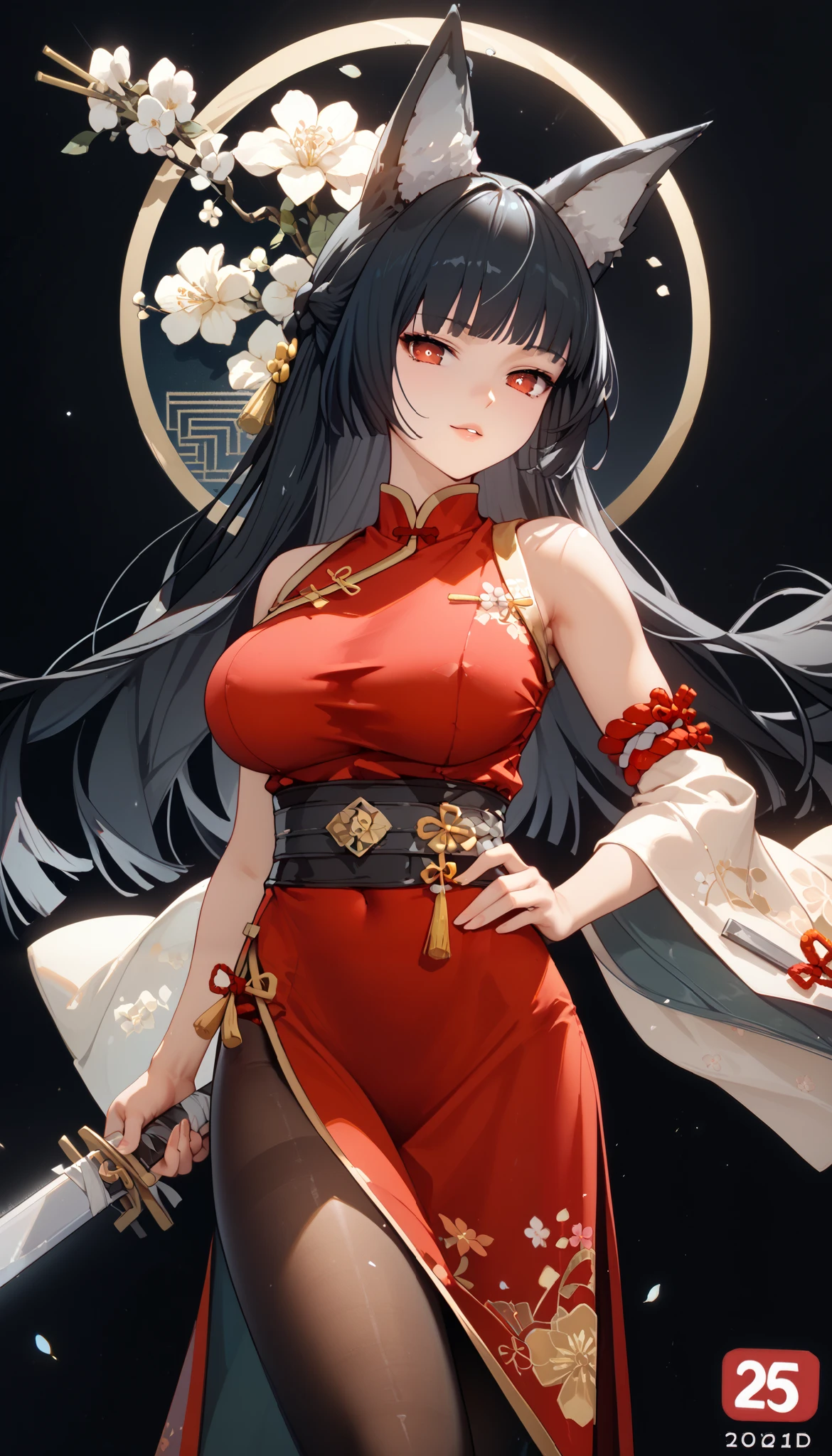 masterpiece， high-resolution ，Anime Art，Anime Numbers， 4k anime wallpaper，Soft Light， radiant skin， unique ，An anime girl，Standing， red cheongsam，High and cold，new year， long black hair， Wolf Ears ， red eyes ，Big breasts， Longsword ， black pantyhose， black background