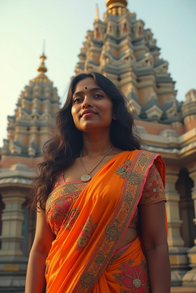 Big boobs indian girl in pent shirt standing in front of big temple with smile rain and umbrella