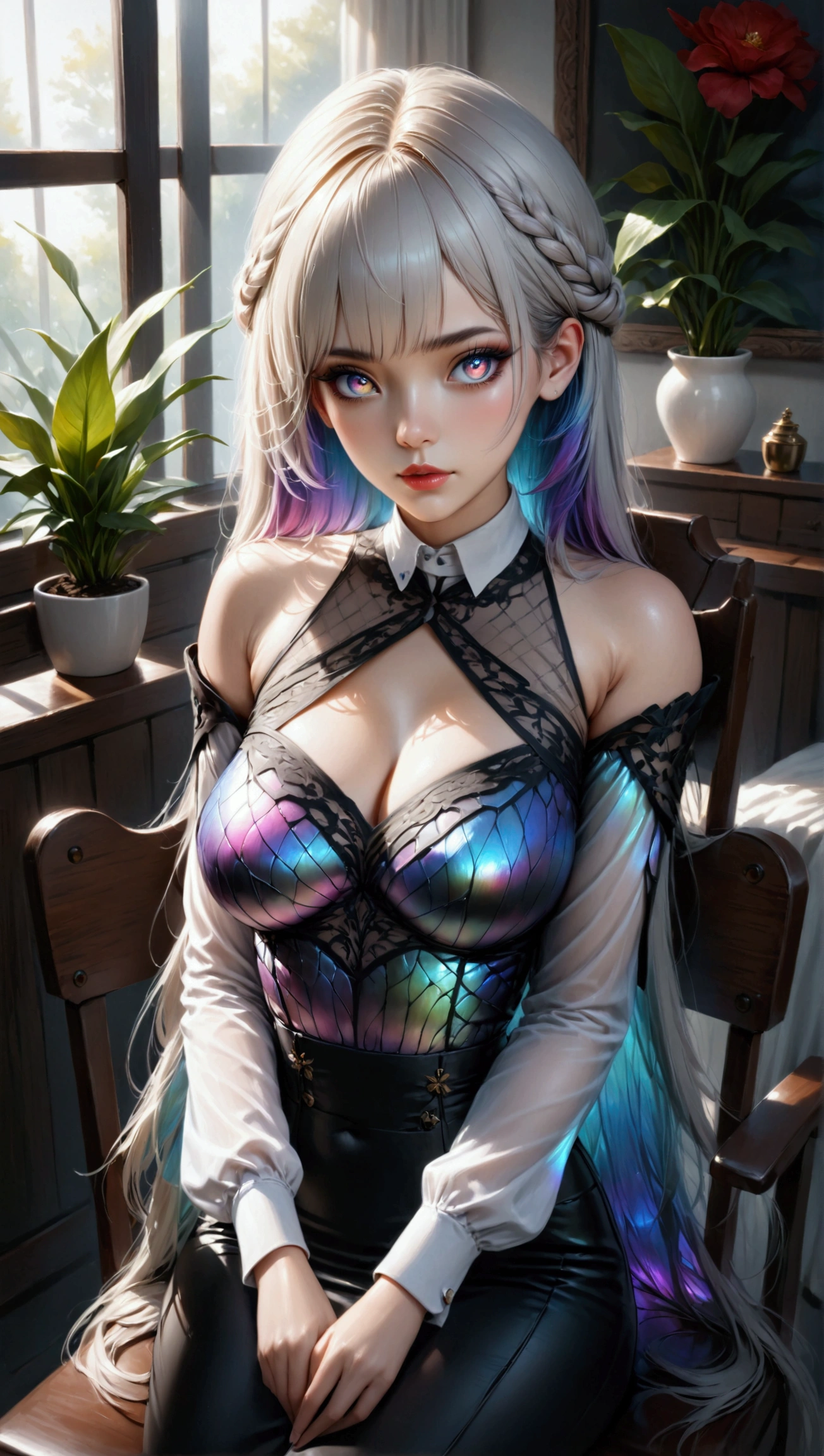 Real dynamic view,shiny plastic,Crying face,Ball-jointed doll woman in a box, Slender big,Put out the nipples,Silvery hair,Wet skin,thin waist,Light blue see-through vinyl off-the-shoulder blouse,see-through vinyl mini skirt,sitting on,depth of fields,