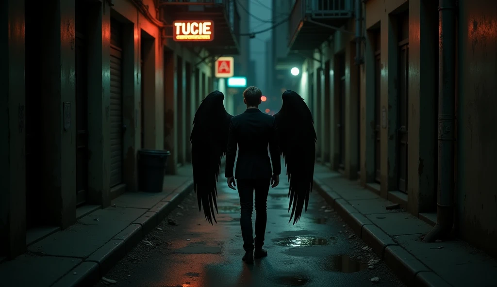 A black shadow of a handsome white man with closed wings, positioned far away at the very end of the street. The scene is at night, realistic, and photographic, featuring an empty, dirty New York City walkway. The atmosphere is dark and gritty, with a side alley and faint neon lights illuminating the scene