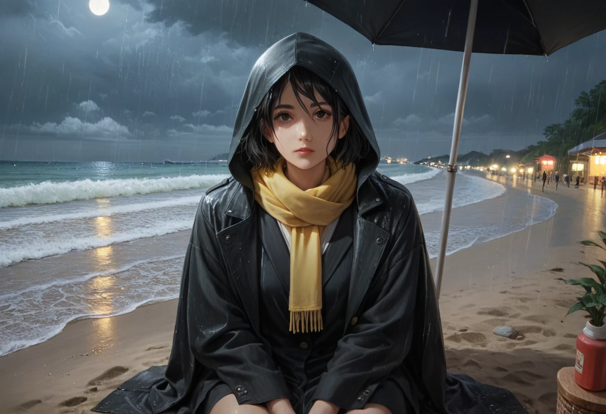 score_9, score_8_up, score_7_up, Girl in a black trench coat with a hood and yellow scarf, sitting on the beachfront, (Junko Mizuno, Hayao Miyazaki), beachfront, night, rain, (Junji Ito), Manga style, detailed drawing, charcoal and crayon style Japan.