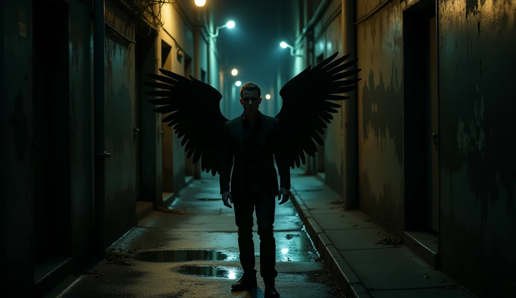 A black shadow of a handsome white man with closed wings, positioned far away at the very end of the street. The scene is at night, realistic, and photographic, featuring an empty, dirty New York City walkway. The atmosphere is dark and gritty, with a side alley and faint neon lights illuminating the scene