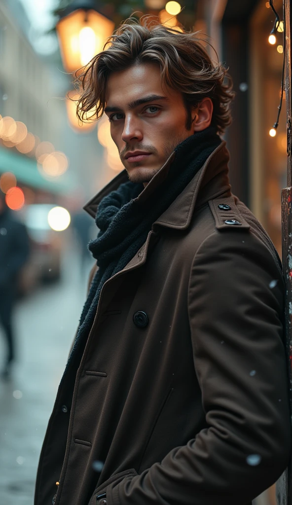 (Masterpiece, High Quality, High Resolution, 8k, 16k, Detail), Handsome man (wearing luxurious beige Burberry trench coat, black scarf), (wild but clean with slightly disheveled hair, young man in 20s, handsome, slender, confident expression), leaning against a street (slightly disheveled, wild but clean, young man in his 20s, handsome, slender, confident expression), leaning against the street, reading an English newspaper, cigarette in hand, turning and looking at me, slightly blurred Christmas street corner in the background, creating an ethereal, dreamlike atmosphere. Portrait, full body, blurred, realistic, cool photo, admired cool, cinematic