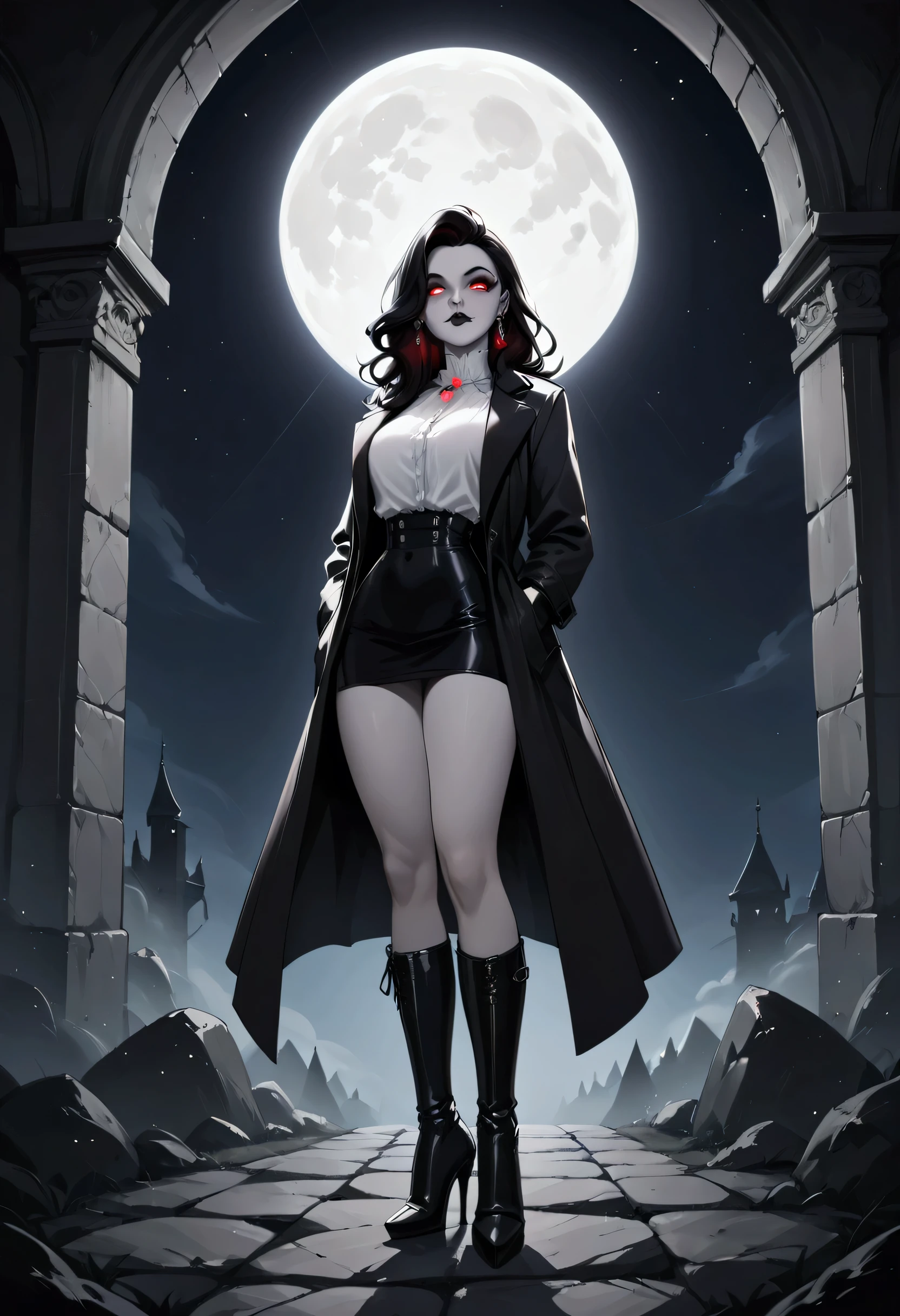 score_9, score_8_up, score_7_up, score_6_up, score_5_up, score_4_up, black and white  facial illustration, 19th century style, of a female vampire in the night, exquisite beautiful female vampire, best detailed face, red glowing eyes, wearing white bottom shirt, short skirt,  wearing high heeled boots, wearing  black trench coat, flowing trench coat, it is night time, moon light. moon rays, goth castle, background, 
