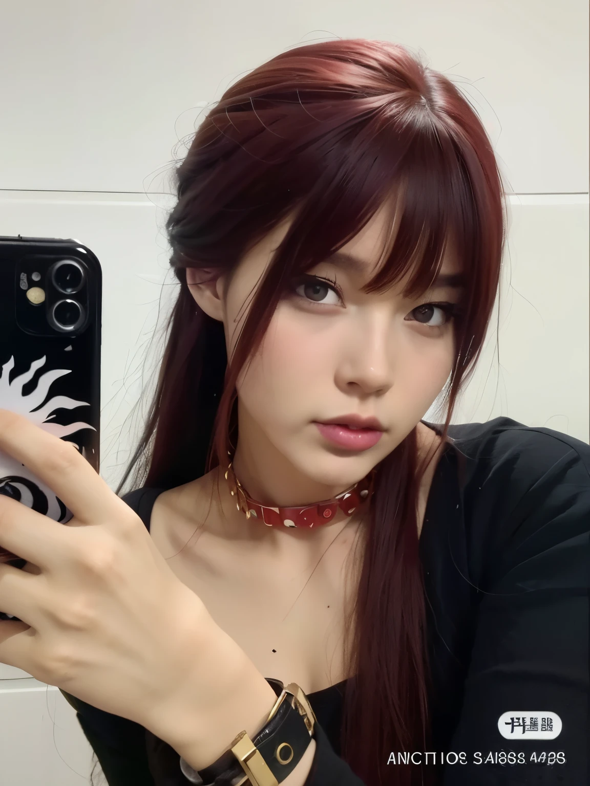 Asian woman taking a selfie with her cell phone, cruel korean goth girl, Ulzzang, garota de anime na vida real, Jinyoung Shin, 1  Goth Anime Girl, com franja, long hair com franja, com cabelo ruivo, com franja completa, Sun Yunjoo, Heonhwa Choe, com longos cabelos ruivos