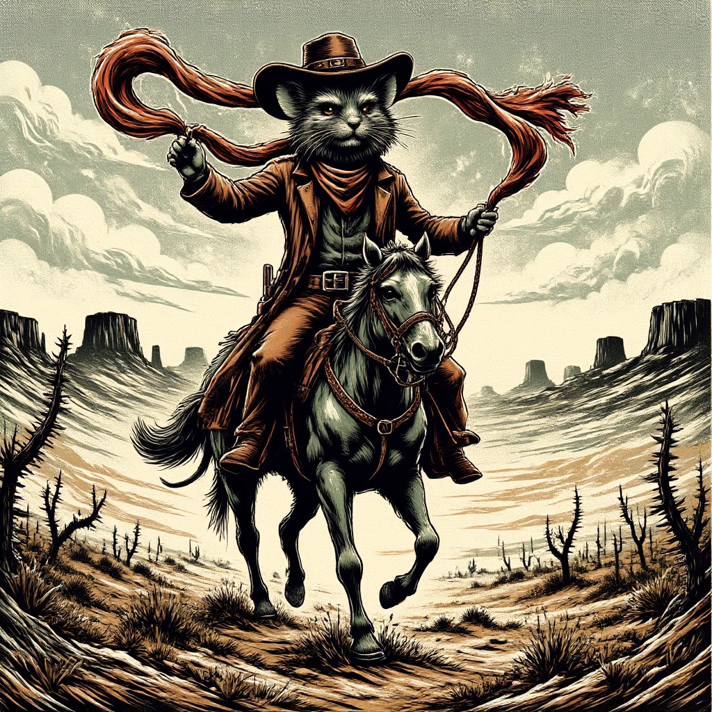 cartoon illustration in comics style. A cowboy mouse riding a horse, a long leather trench coat, waves a very long red scarf over his head, holding it in his paw, the scarf curls into a loop like a lasso. Prairie landscape background. breathtaking masterpiece of unparalleled quality and resolution. ultra fine. ultra-detailed textures, pure perfection. High Resolution, High Quality