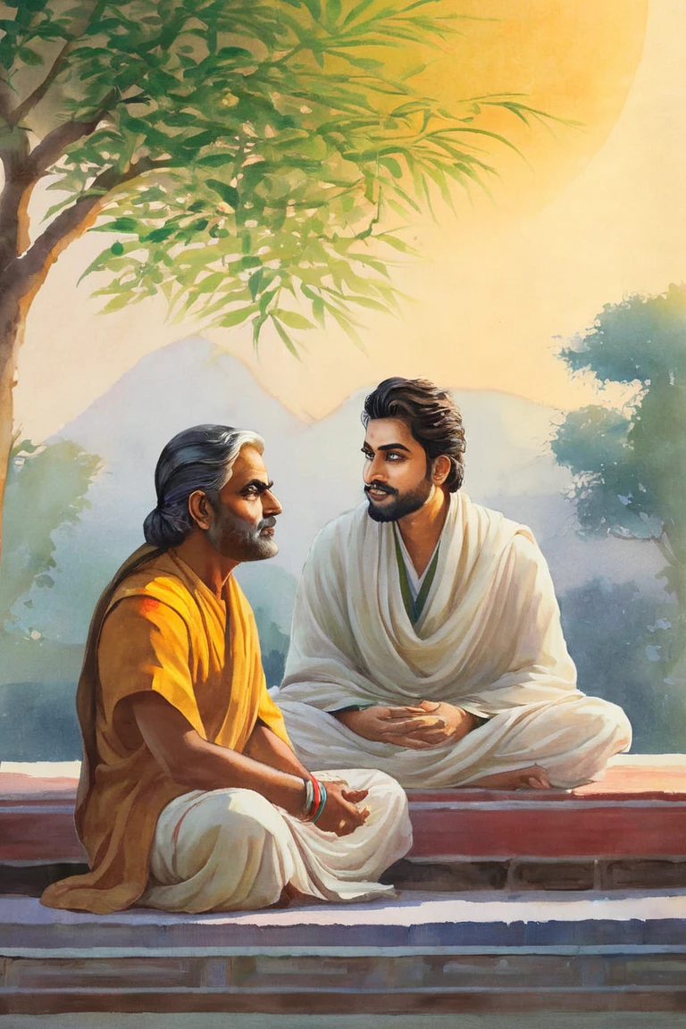 "Illustrate the scholar explaining the lesson to Arjun. The scholar’s expression is calm and wise, and Arjun listens with wide, understanding eyes. The courtyard is serene, with the morning sun casting soft light on the two figures."
