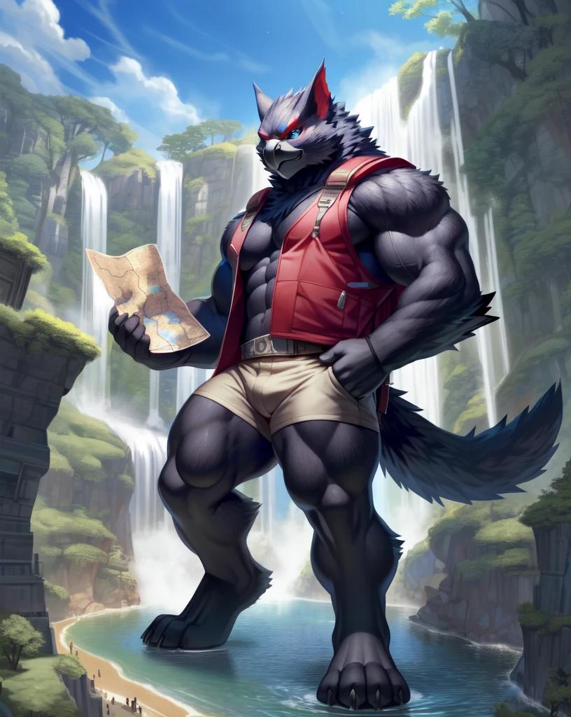 anthro,(Nargacuga:1.2),tail,((full body,blue eyes, black body, black furry, blackhand, black feet, black face,4TOES,TAILS )),muscular, nipples, map, (HOLDING MAP),waterfall, 
sharp teeth, spikes, detailed hands, TRAVELER ,spikes, DETAILED FEET, ((rucksack, )), ((travel clothing, vest, )), river, 
(by null-ghost,by raccoon21,masterpiece, high quality), (Massiv:8.0, ( heavyweight ,stark,Macro, accentuate the huge size))