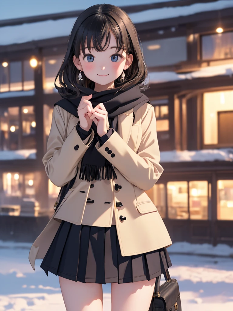 masterpiece、 high res、 1 girl 、One person、whole body、woman、 light smile 、blush、Mid-chest、 skinny、 real、20 years old、 Single 、solo、 beauty、 perfect body、(( school uniform、 black mini skirt)) ,  duffle coat、 scarf、 cowboy shot、 earrings for women with first name、gloves、Winter Scenery、