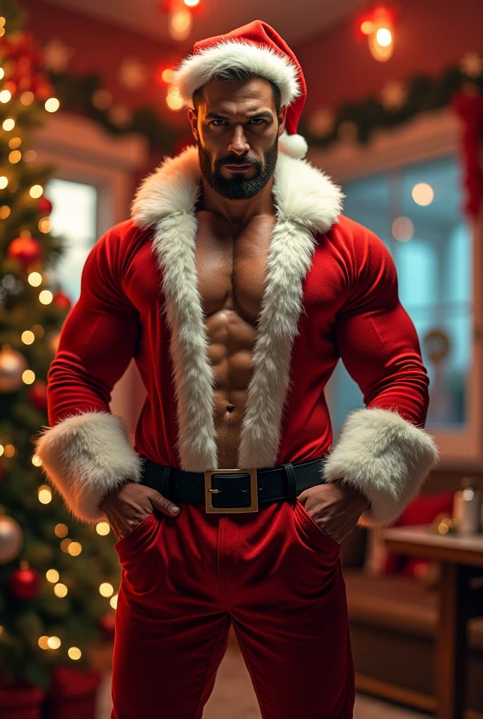 Young man,asian, cute ,smiling, handsome, muscular, Santa claus style, silver hair, santa's hat, abs, shirtless, short beard, hot, red micro Brief, bulging , full body, night, snowy, snowman, christmas tree, gifts