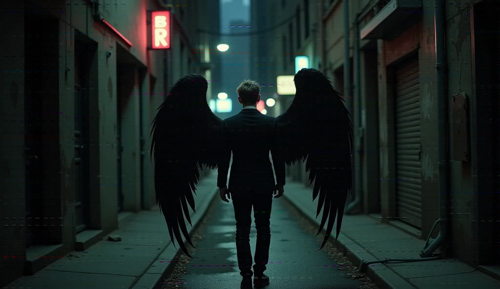 A black shadow of a handsome white man with closed wings, positioned far away at the very end of the street. The scene is at night, realistic, and photographic, featuring an empty, dirty New York City walkway. The atmosphere is dark and gritty, with a side alley and faint neon lights illuminating the scene