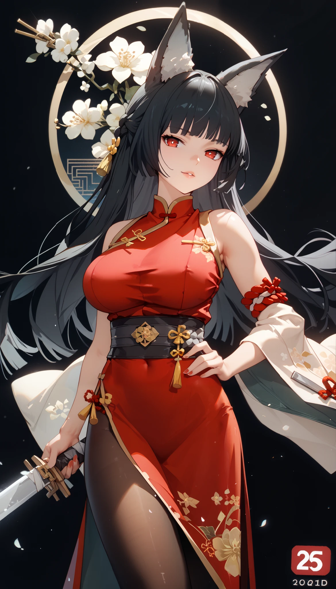 finger，masterpiece， high-resolution ，Anime Art，Anime Numbers， 4k anime wallpaper，Soft Light， radiant skin， unique ，An anime girl，Standing， red cheongsam，High and cold，new year， long black hair， Wolf Ears ， red eyes ，Big breasts， Longsword ， black pantyhose， black background