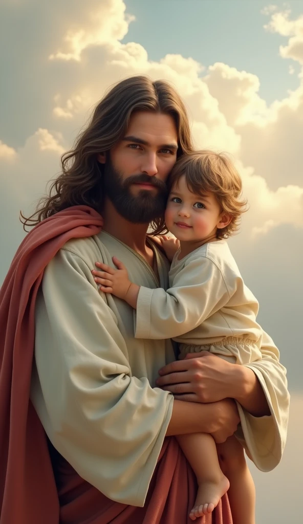 Perfect hand 5 finger, Portrait of a handsome Jesus Christ carrying baby Jesus Christ. wearing white clothes  shining the light from his head and heart all over. Sitting in the throne of the palace, handsome Jesus Christ and baby Jesus Christ, real blue eyes, sunny day, intricate details.real handsome Jesus Christ and baby Jesus Christ, straight head face, Straight body.Prayer handsome Jesus Christ and baby Jesus Christ, perfect full body,  perfect hands finger,Prayer handsome Jesus Christ and baby Jesus Christ, praying handsome Jesus Christ and baby Jesus Christ backgrounds natural photographic