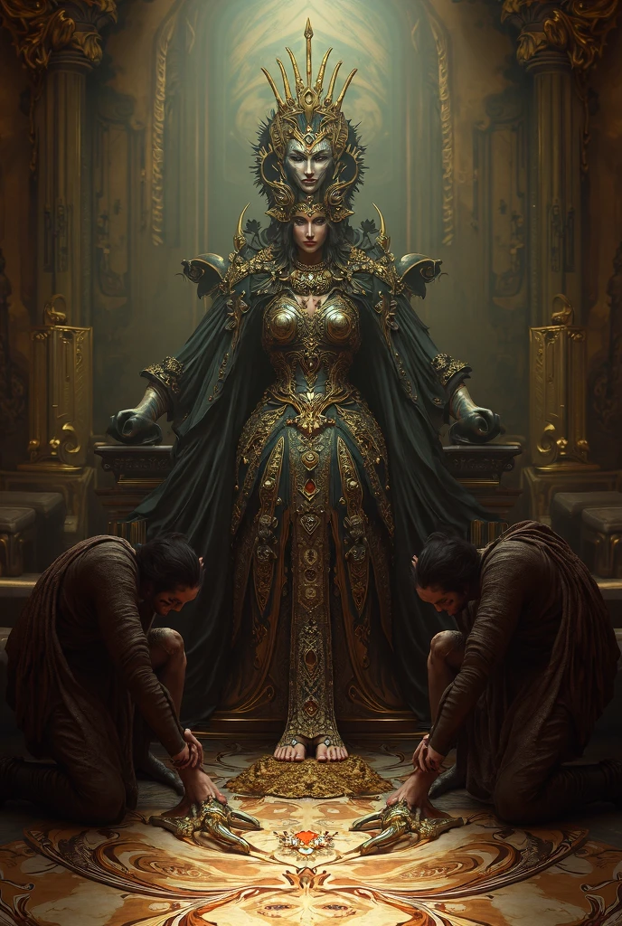 A hybrid woman with a serpent-like lower body stands in an ancient crypt in the middle of the desert, facing a relic hunter she has just bitten to defend herself. Her piercing golden reptilian eyes glow with a threatening intensity, her lithe yet curvaceous 1.7m tall frame exuding an imposing and enchanting mystical power. Her pale skin with bronze undertones is marked by delicate black scales, while tattered silk sashes floating around her subtly reveal her harmonious and powerful silhouette.
The weakened relic hunter kneels before her, expressing pain and surprise from her bite. The crypt is filled with debris, collapsed flagstones, and sand from a recent storm. The golden light of dusk filters through the suspended dust, bathing the scene in a dark, gothic, and mysterious atmosphere where danger and sm mingle in palpable tension.
(best quality,4k,8k,highres,masterpiece:1.2),ultra-detailed,(realistic,photorealistic,photo-realistic:1.37),extremely detailed eyes and face,beautiful detailed eyes,beautiful detailed lips,longeyelashes,1woman,hybrid serpent woman,ancient crypt,desert setting,relic hunter,bitten relic hunter,piercing golden reptilian eyes,lithe curvaceous frame,imposing mystical power,pale bronze-toned skin with black scales,tattered silk sashes,harmonious powerful silhouette,collapsed flagstones,suspended dust,golden dusk light,dark gothic mysterious atmosphere,danger and erotici