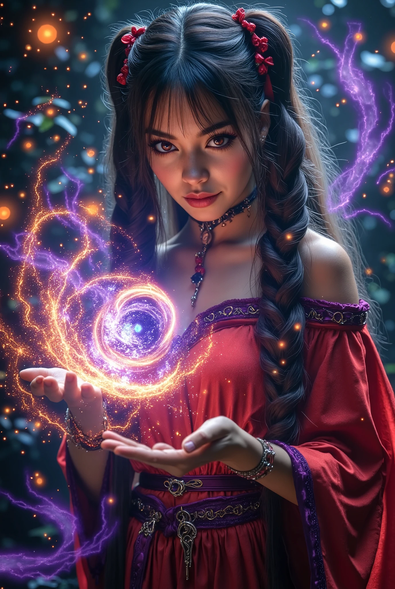 A beautiful girl with pigtails is dressed in red clothes with dark purple hues and lush hair Conjures a sphere twisted like a hurricane in the hand of a small, Mystical colors like a sphere of galactic dust with iridescent , bright colors, Background A floral paradise with the smoky mysticism of silver , masterpiece fails, complicated details, fantasy style, Fantasy, maximum quality, better quality , 8 k, magic, magic,