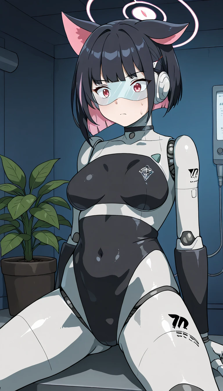 masterpiece, best quality, extremely detailed, (8K, 4K, Best Quality, hight resolution, 超A high resolution:1.1), ,8k portrait, Japaese android Girl,Plump , dark black leg cover,announcer,control panels,android,Droid,Mechanical Hand, Robot arms and legs, Black Robot Parts,Black long hair,Mechanical body,Blunt bangs,perfect mechanical abdomen,White robotics parts,perfect robot woman,future laboratory,cyber pank,charging spot,laboratory,long tube,thick cable connected her neck,white ceramic body ,perfect mechanical body, white robot body,lod antenna,mechanical ear cover,android,robot humanoid,black sponge joints,The removable cover is in the groin,The connection port is in the groin,opened chest panel,access panel on the chest,opened breast panel,perfect mechanical breast,perfect black machine body,perfect black android body,She has repaired,assembly plant,no human skin,visor,mistyrobot,kazusa(blue archive),spread leg,ahaegao,robot joint,doll joint,black robot legs,usbport in the side of neck,malfunction,black tight bodysuit