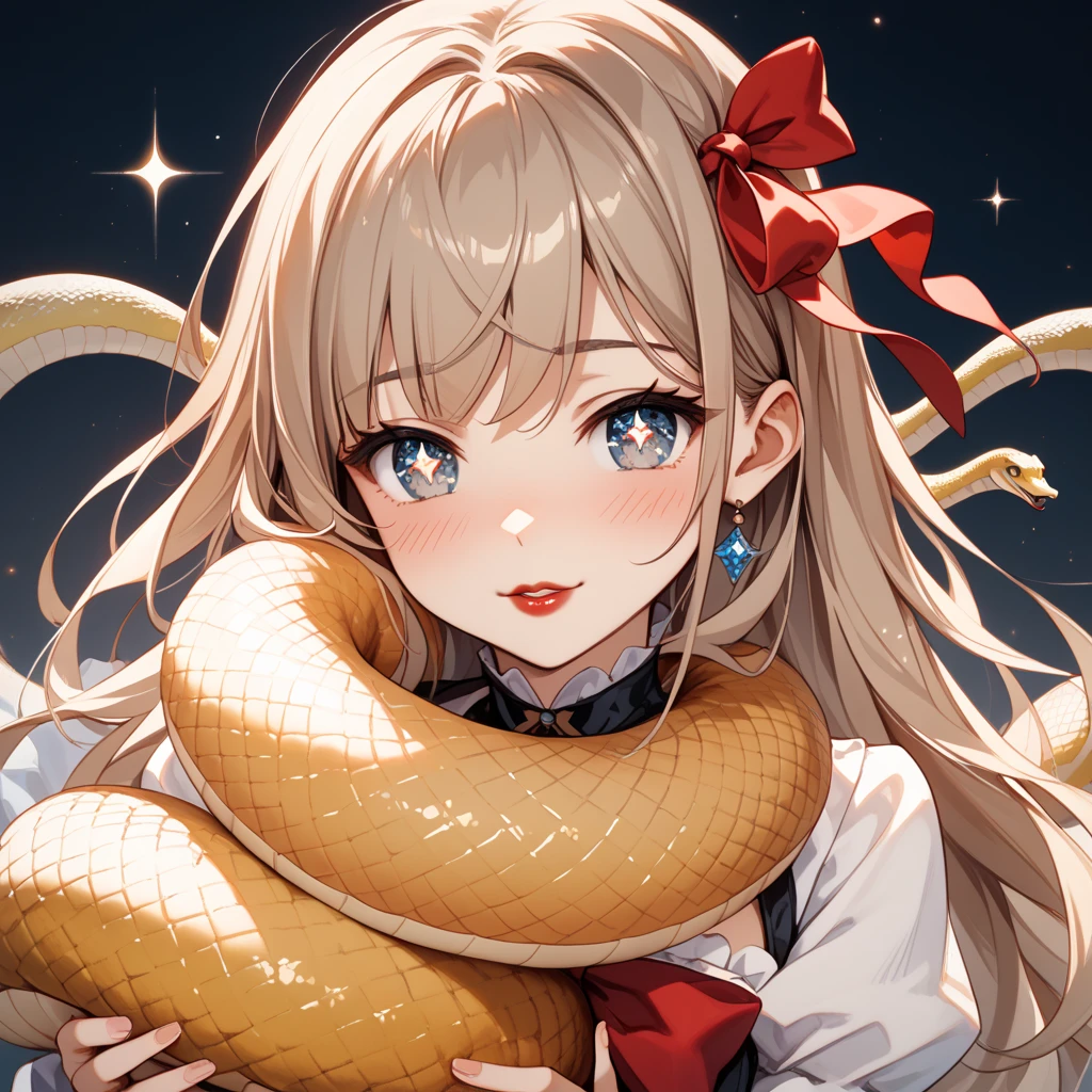 赤いリンゴにsnakeを巻き付けた女性の絵, Pastel Watercolor、yellow green background、full body of a young girl、巻き付くsnake、with a girl、laughter、、snake、apple、adam and eve、the beginning、paradise、wood、purple lights、coiled snake、White Snake Princess、1 White Snake、Pastel Watercolor、snakeを操る少女, red eyes, gray hair, Braid, Her eyes are hidden by a black lace veil., mysterious girl, 大きな白snake, 大snakeを体に巻きつける凛々cool girl,, goddess of love