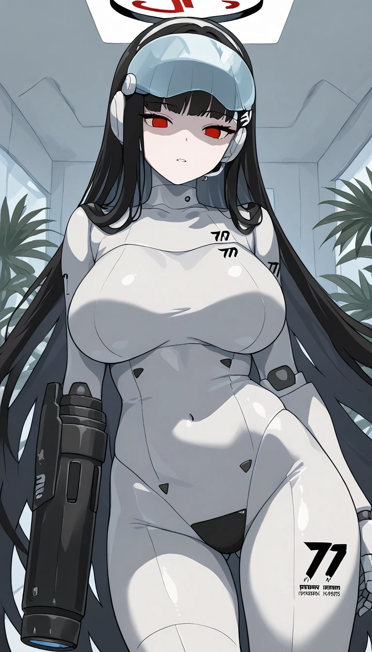 masterpiece, best quality, extremely detailed, (8K, 4K, Best Quality, hight resolution, 超A high resolution:1.1), ,8k portrait, Japaese android Girl,Plump , dark black leg cover,announcer,control panels,android,Droid,Mechanical Hand, Robot arms and legs, Black Robot Parts,Black long hair,Mechanical body,Blunt bangs,perfect mechanical abdomen,White robotics parts,perfect robot woman,future laboratory,cyber pank,charging spot,laboratory,long tube,thick cable connected her neck,white ceramic body ,perfect mechanical body, white robot body,lod antenna,mechanical ear cover,android,robot humanoid,black sponge joints,The removable cover is in the groin,The connection port is in the groin,opened chest panel,access panel on the chest,opened breast panel,perfect mechanical breast,perfect black machine body,perfect black android body,She has repaired,assembly plant,no human skin,visor,mistyrobot,rio(blue archive),robot joint,doll joint,black robot legs,usb ports in the side of neck,empty eyes,malfunction,tight bodysuit,arm cannon,cyber helmet