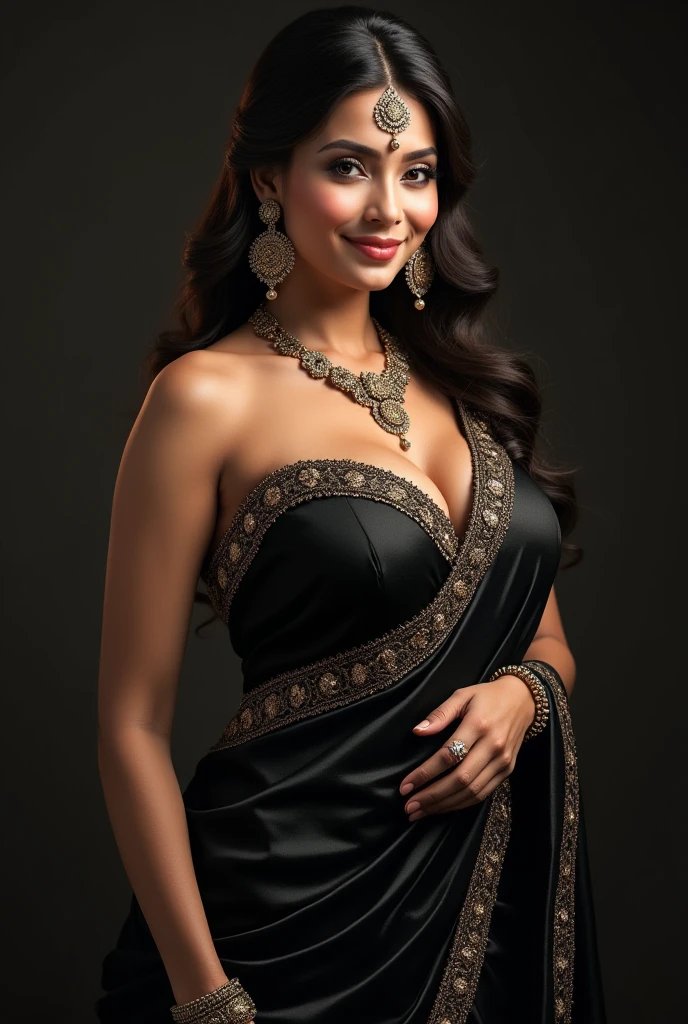 Create an artistic, high-resolution portrait of a stunning Indian woman in her mid-40s. She is wearing a sophisticated black dress that complements her elegant demeanor. The photography style should emulate classic portrait photography with dramatic, soft lighting that casts gentle shadows, creating depth and highlighting her natural beauty. Her expression should be poised and serene, with a hint of a smile that exudes confidence. The background should be a dark, textured backdrop to add richness and contrast, ensuring she stands out prominently. Pay close attention to her makeup and hairstyle to ensure they are impeccable, contributing to her timeless, graceful look